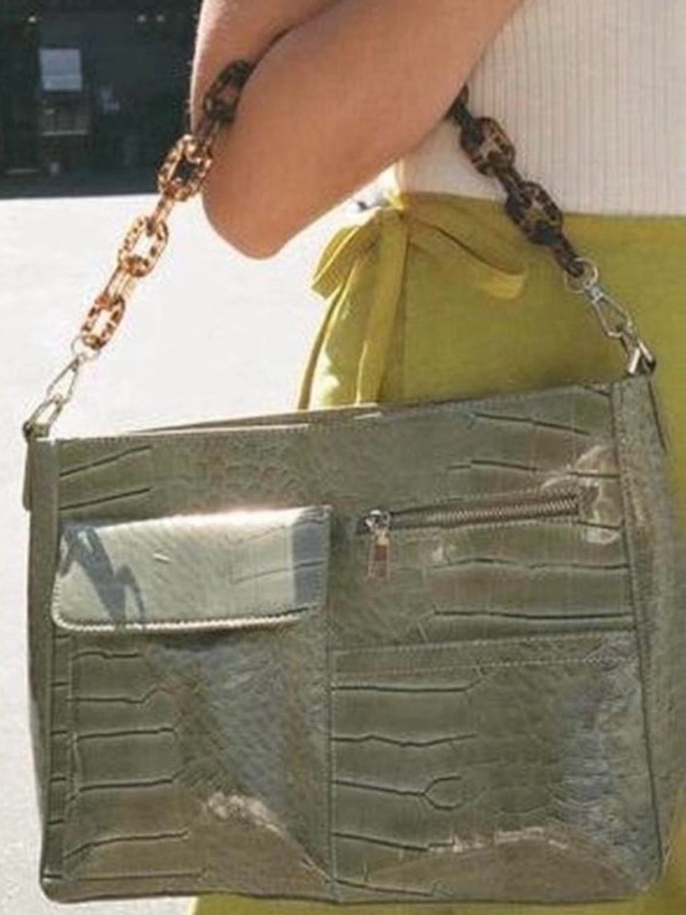 Structured Olive Croc-Embossed Shoulder Bag with Chain Strap